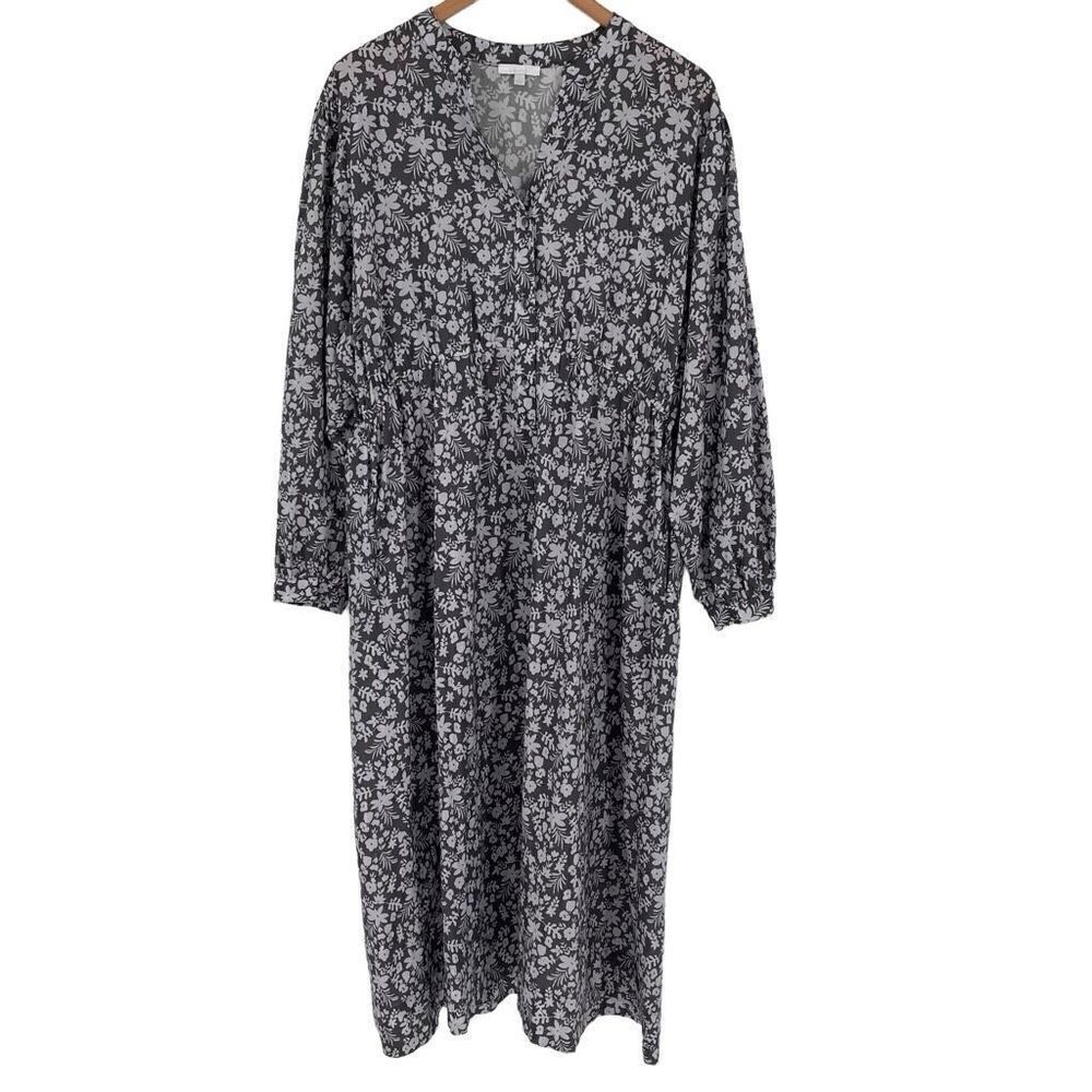 Calme By Johnny Was Relaxed Henley Midi Dress Long Sleeve Floral Large Gray